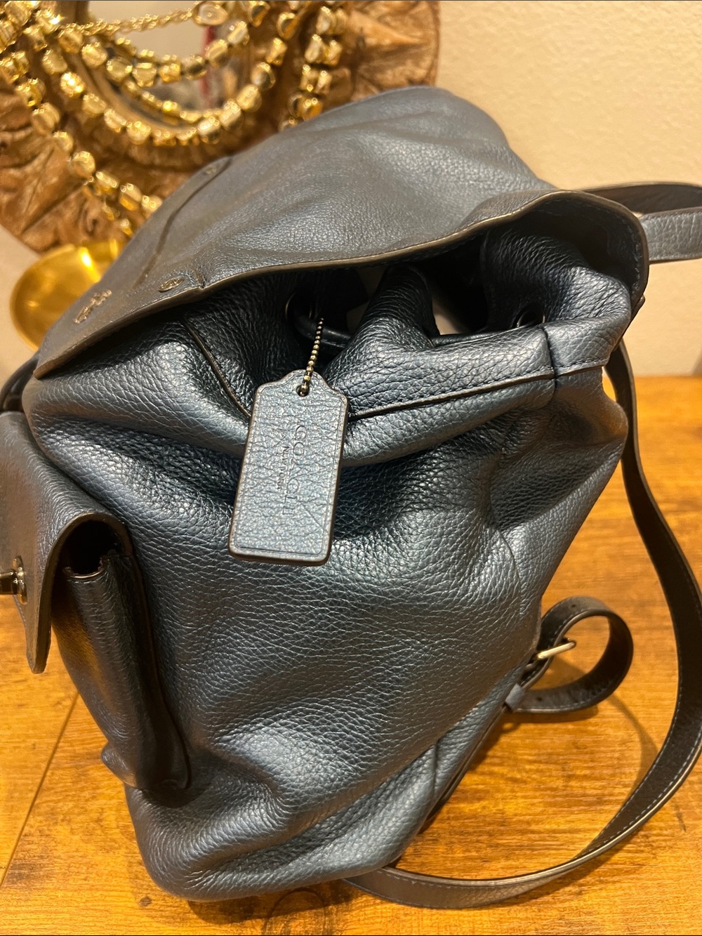 COACH Turnlock Rucksack Backpack Midnight Blue Pebbled Leather F36683 Medium - Picture 2 of 9